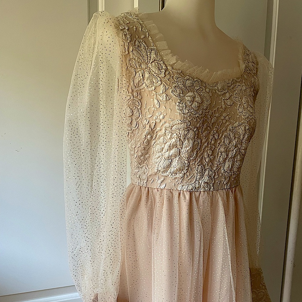 Beautiful Princess style blush color gown with sheer sleeves - Picture 2 of 14
